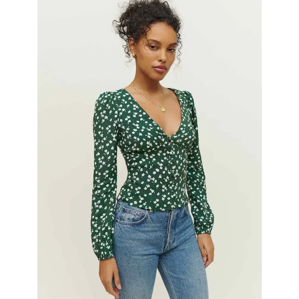 Reformation Ditsy Print Green Puff Sleeve V Neck Dainty Nell Top Size Small